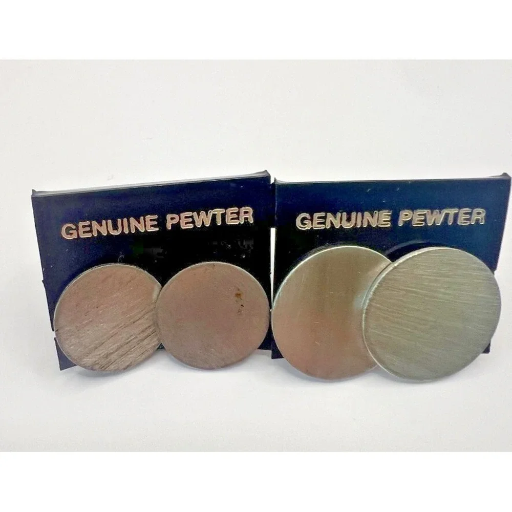 Vintage NOS Pewter Stud Earrings Set of 2 Pairs – Round Minimalist Deadstock New - Picture 2 of 8